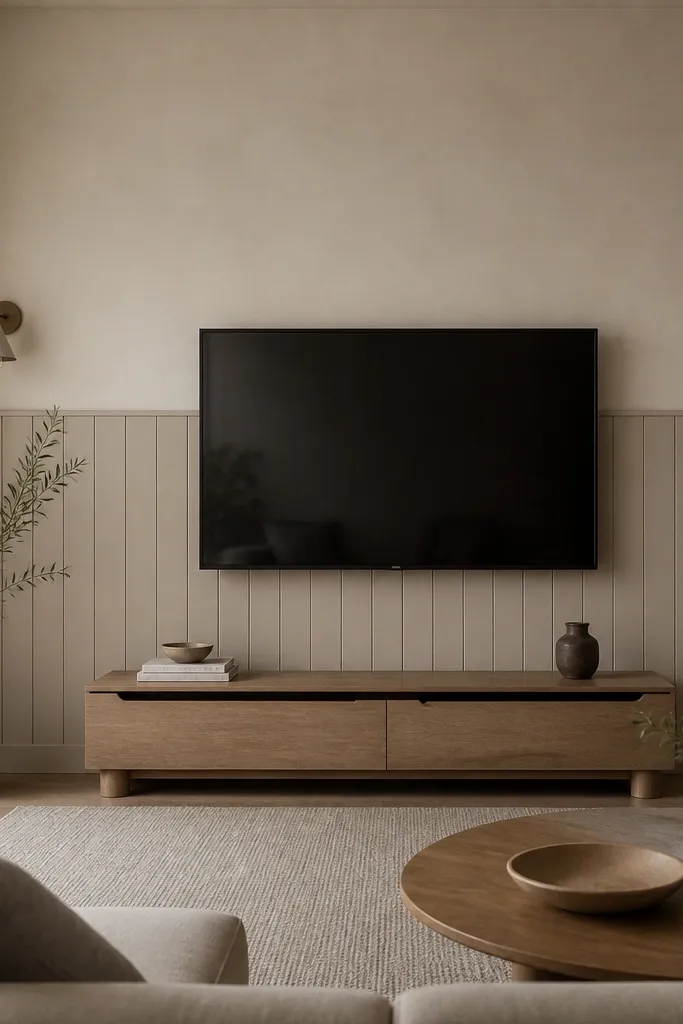 The lower half of the TV wall has painted wood slats in a warm greige. The upper half is smooth plaster in a slightly lighter cream. The TV is mounted at the seam line, and a low media console sits below with a soft taupe rug in front.