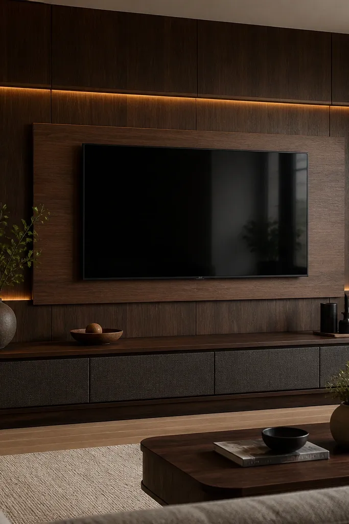 A deep dark walnut panel wall behind the TV. Thin brass channels run horizontally above and beside the TV area, with warm linear LED light. The TV is mounted centered on a slightly lighter walnut rectangle panel. A dark wood media console with soft fabric drawers sits below.