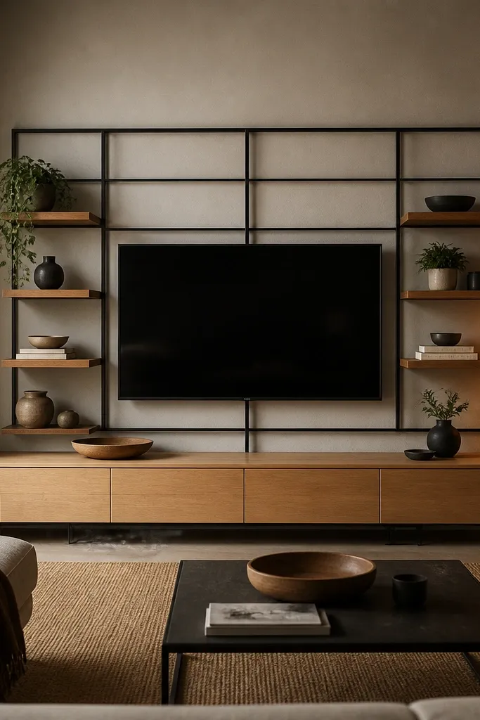 A TV mounted inside a blackened steel grid frame. Two warm wood floating shelves flank the TV, one on each side, with small objects. The console is light wood, and a warm amber floor lamp sits nearby.