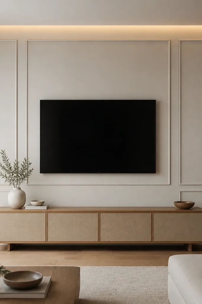 A cream TV wall with classic molding grid panels. The TV is centered within a larger rectangular panel. There's a warm cove light rail along the top inside edge, creating soft glow. A light oak console with a fabric-front cabinet sits underneath.