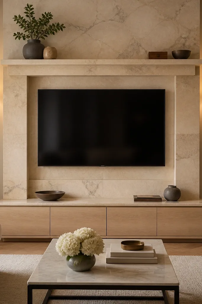 A TV mounted inside a stone-look surround shaped like a fireplace mantel. The stone is warm beige with soft gray veining. A slim mantel shelf sits above the TV, and a low console sits below. Warm sconces flank the surround.
