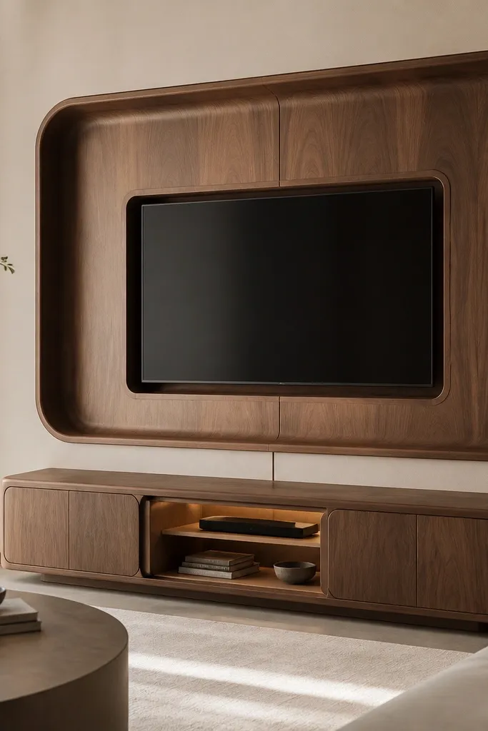 A walnut TV niche with rounded corners and soft edges. The TV sits inside a U-shaped recessed panel, with a hidden cable channel running down behind the panel seam. A matching walnut media console has rounded doors and a light interior.