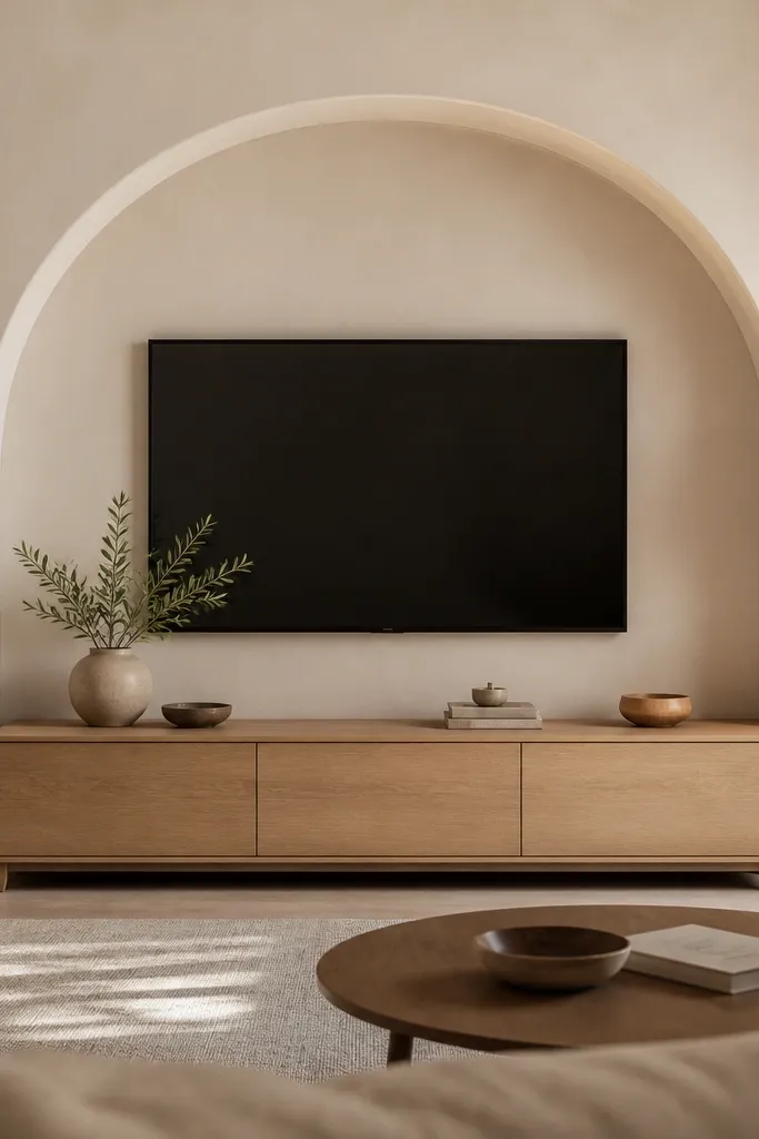 A warm white plaster wall with a large arched frame around the TV. The arch has a smooth finish and a slightly darker warm white edge. A slim console below in light oak holds a few items. A warm floor lamp sits to the side.