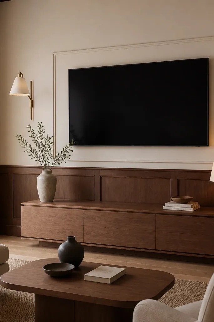 A TV wall with walnut paneling on the lower half and a cream upper section. The TV is mounted on the cream area within a simple rectangular frame. A walnut media console matches the lower panels. A warm lamp and neutral decor sit in front.