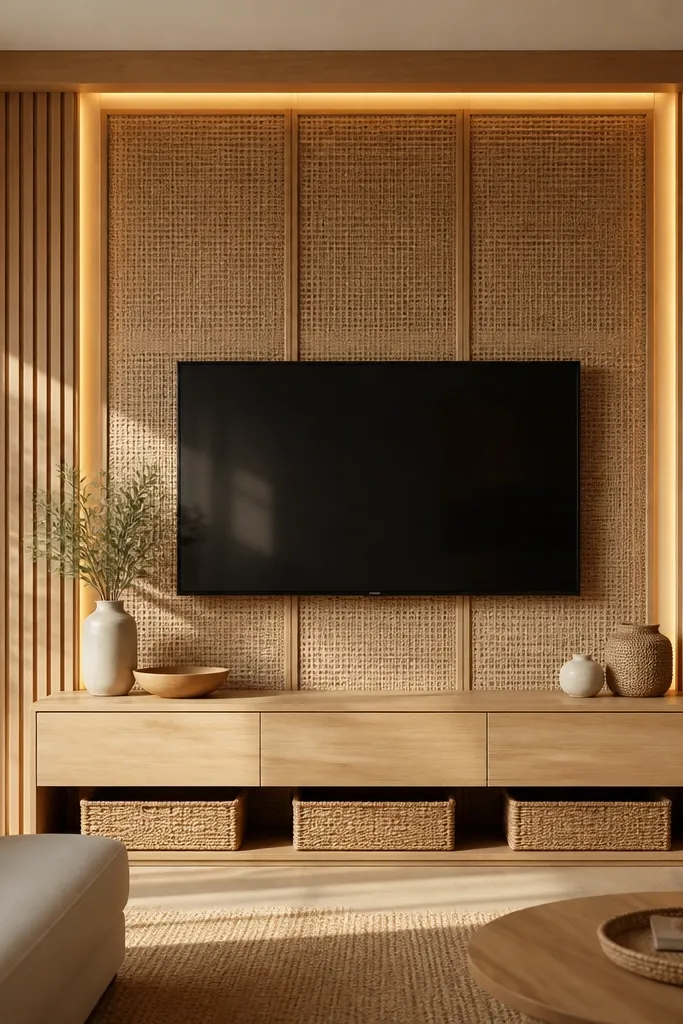 A TV wall where the background uses warm wood slats with rattan panels in the center. The TV is mounted in front of the rattan section. A light wood console and woven baskets sit below. Warm sunlight-like LED lighting glows around the edges.