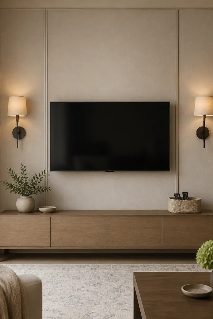A neutral linen panel wall behind the TV with a soft taupe tone. Two wall sconces with fabric shades flank the TV area, and the TV is mounted in the center. A slim wood console sits below with a linen basket for remotes.