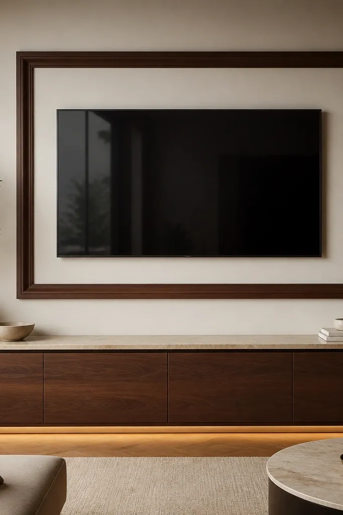 A cream wall with a walnut picture-frame molding border around the TV. The border has a thin inner line and a wider outer frame. Below, a walnut console with a light stone or marble top. Warm under-cabinet lighting glows toward the wall.