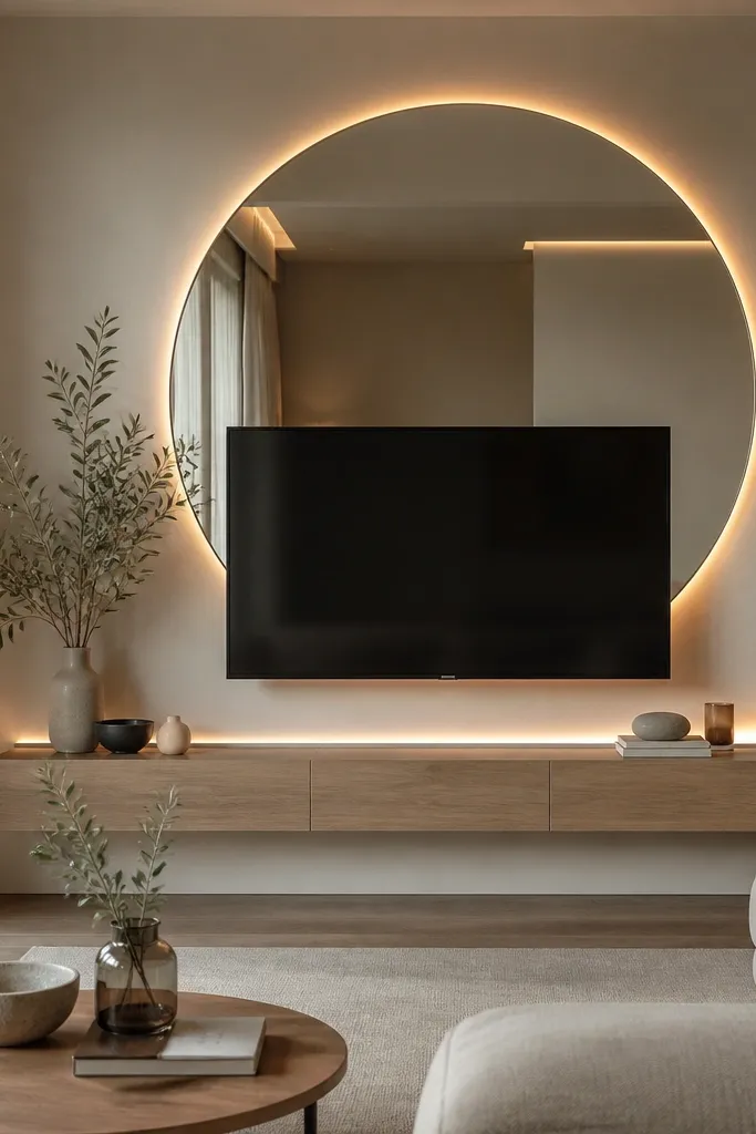 A large round mirror is mounted behind and slightly above the TV area, catching warm LED glow. The TV is mounted on a neutral wall with a simple floating shelf below. A warm LED strip runs along the mirror edge, and the console is light wood.