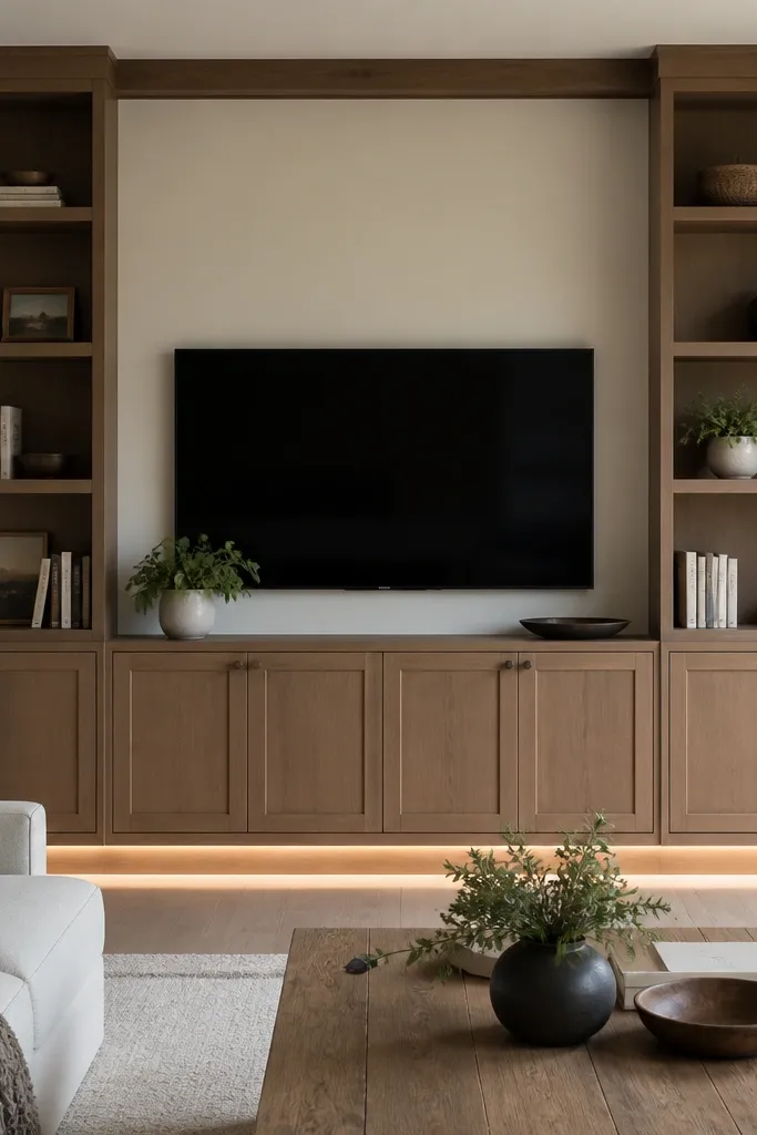 A TV centered between two built-in bookcase columns. The shelves are warm wood with closed cabinets at the bottom. A hidden LED toe-kick glows along the base. The console is built-in and matches the bookcases.