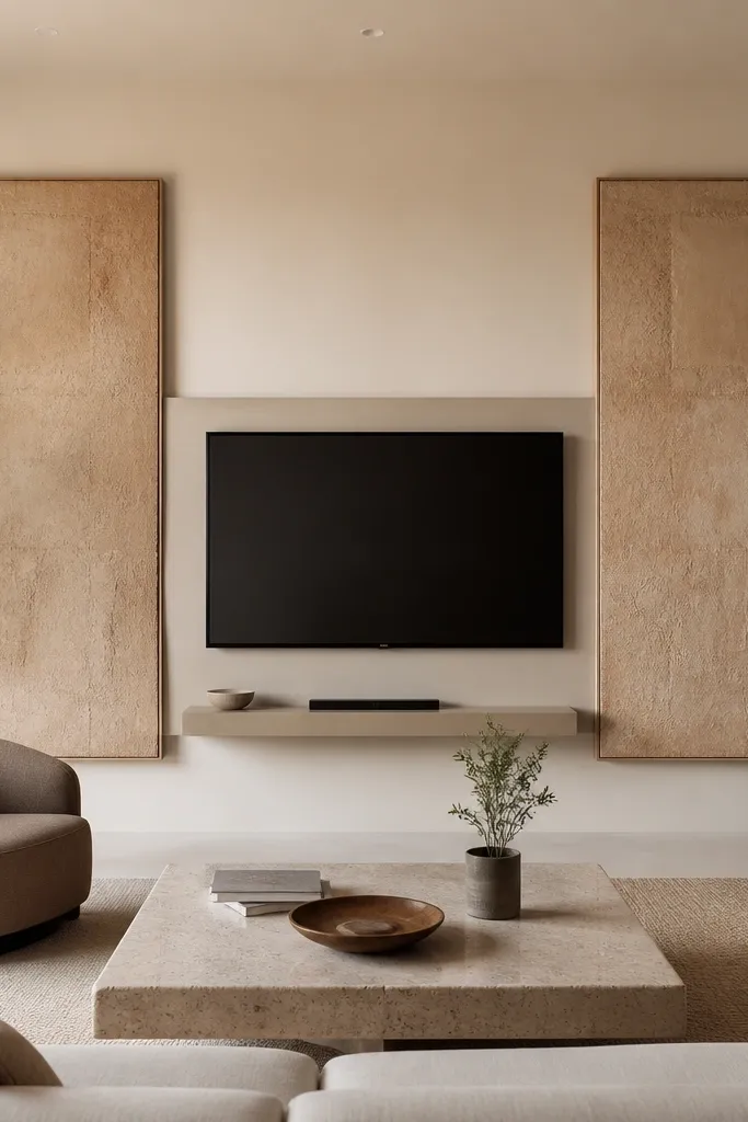 Two large warm plaster panels flank the TV area like oversized art. The TV is mounted on a slim backing plate between the panels. The wall is smooth and neutral, with a small floating shelf below the TV.