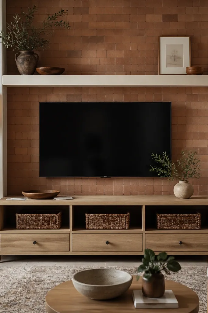 A terracotta tile backsplash-style wall behind the TV, with small rectangular tiles in warm clay tones. A cream mantel shelf runs above the TV. A light wood console sits below with woven baskets. Warm wall sconces cast soft light.