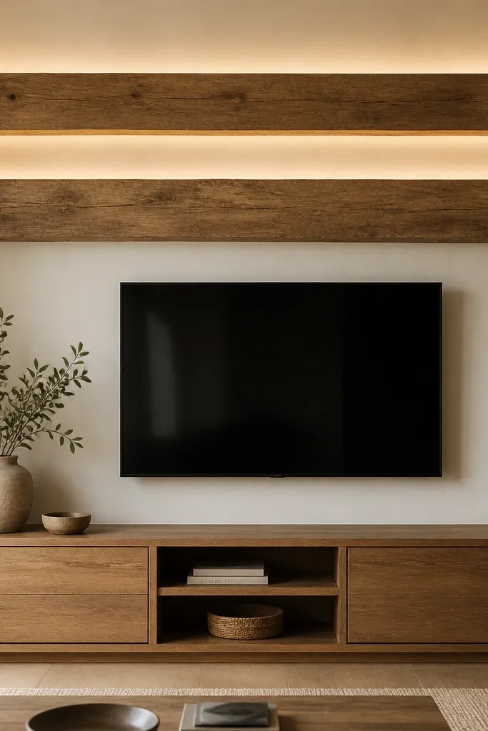 A TV wall with two horizontal rustic oak beams across the upper half. The background is a warm off-white. A warm LED wash light runs behind the beams, and the TV is mounted centered beneath the beams. A simple oak console sits below.