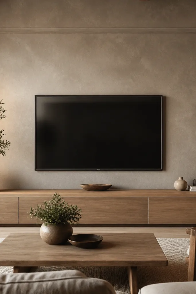 A warm gray limewash texture wall behind the TV. The TV is framed by thin, minimal molding in a slightly warmer shade. A light wood console and a neutral rug keep the palette calm. Soft warm lighting creates a subtle glow across the limewash texture.
