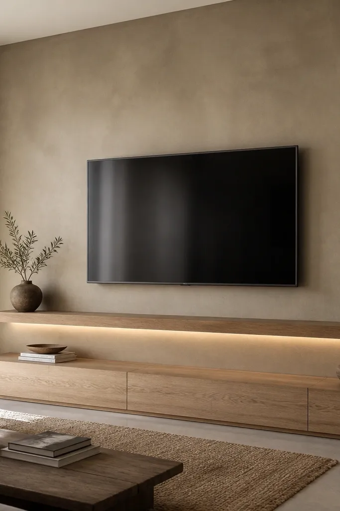 A microcement-like wall in warm taupe behind the TV. The TV sits centered on a smooth textured surface. A warm wood floating shelf runs below the TV with a thin LED strip under it. The console is low and minimal in light wood.