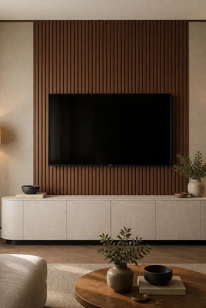 A walnut slat center panel behind the TV, with two fabric-wrapped side panels in a warm oatmeal tone. The TV is centered on the slat section. A fabric-upholstered media console sits below, and warm lamps flank the wall.