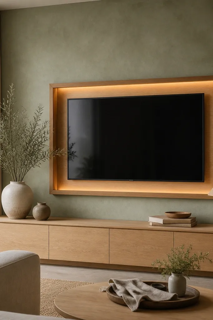 A soft sage-green plaster wall behind the TV. The TV is framed by a warm wood border. Amber-toned warm light glows from a recessed strip behind the TV frame. A light oak console sits below with linen decor.