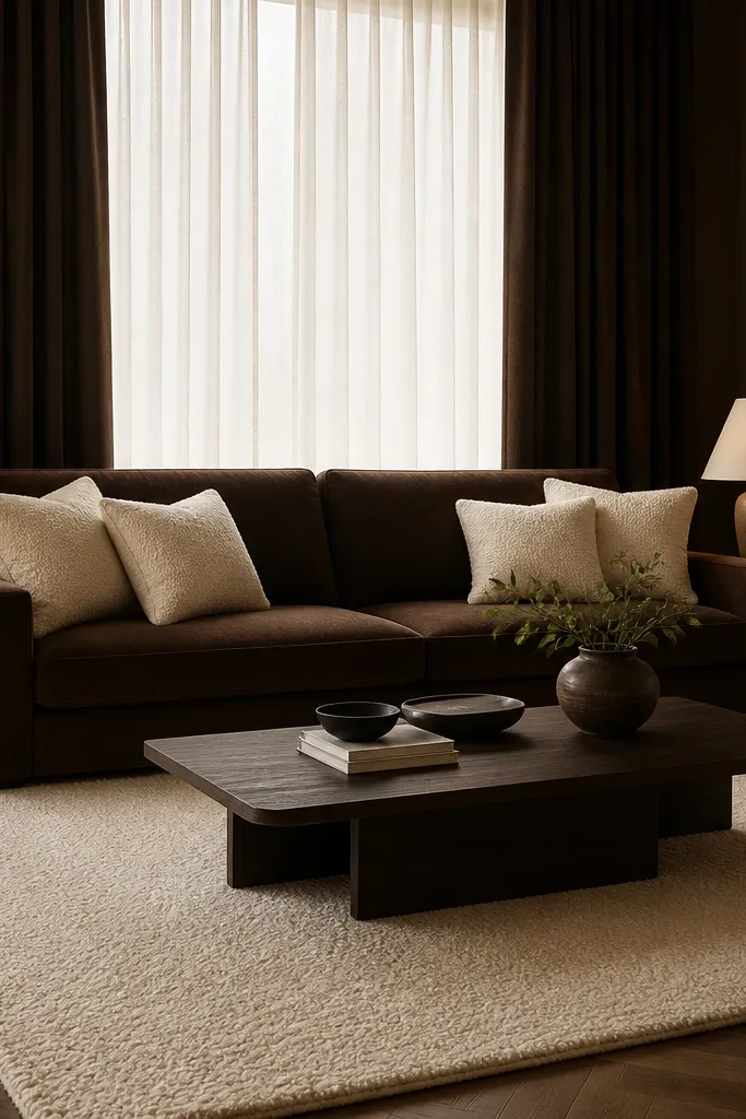 A living room with a chocolate-brown sofa, four cream boucle cushions, and a large cream boucle rug under a dark wood coffee table. Two warm table lamps sit on either side, and the curtains are deep espresso with light filtering panels behind them.