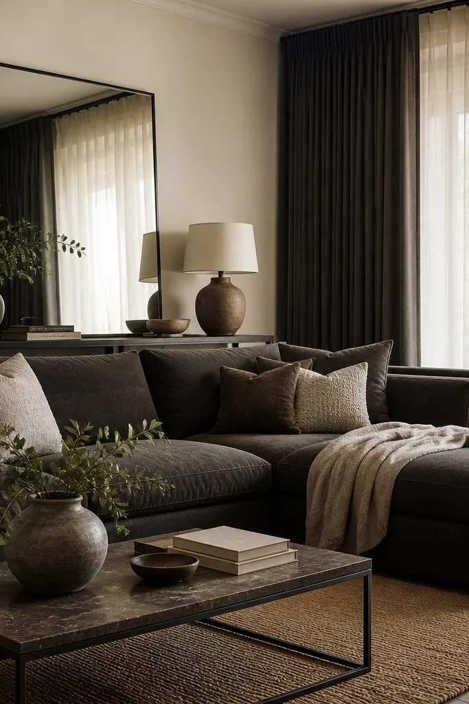 A charcoal L-shaped sectional sits against a warm off-white wall. A large rectangular mirror leans above a console behind the sectional, and there are layered curtains: charcoal outer drapes with sheer warm white panels.