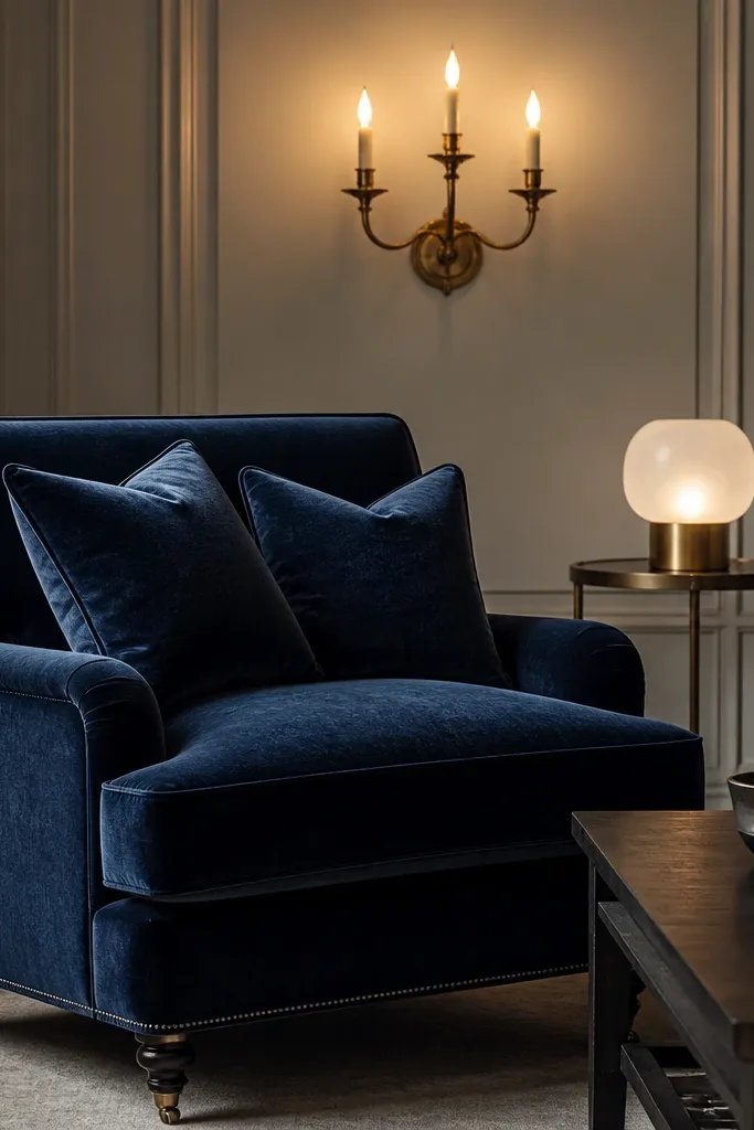 A deep ink-blue velvet armchair and two matching cushions sit beside a dark coffee table. There's a brass candlebar sconce on the wall with three warm candles, plus a small round side table with a frosted glass lamp.