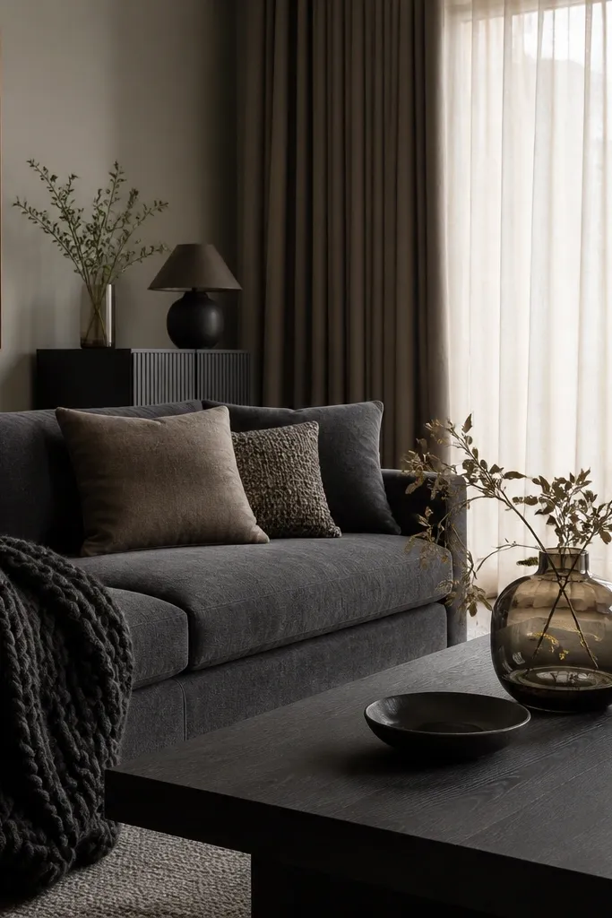 A living room with a dark grey sofa, a blackened wood coffee table, and a smoked glass vase. The throw is a charcoal chunky knit, and the curtains are dark taupe with warm beige sheers.