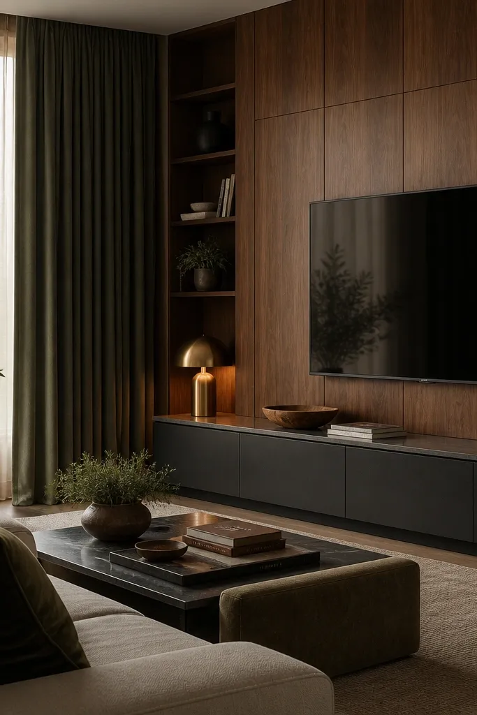 A walnut media wall with a dark TV console sits behind a living area. Dark olive floor-length curtains hang with warm beige sheers, and a small brass lamp glows on a console shelf.