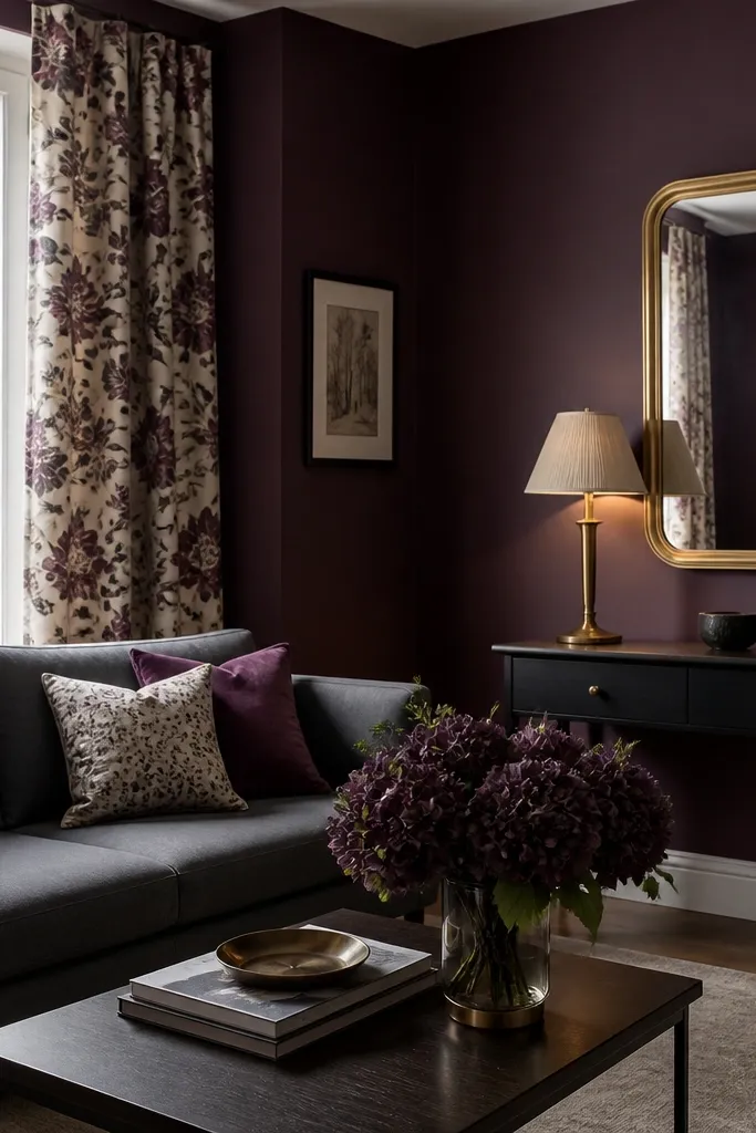 A small living room painted deep plum with a dark grey sofa. Curtains are patterned with plum and muted cream, and there's a gold-framed mirror above a console. A warm table lamp sits on the console.