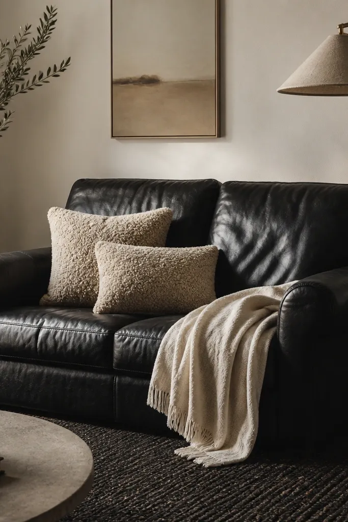 A black leather loveseat with creased texture. Oatmeal teddy cushions and a cream throw sit on the seat, and a dark braided rug covers the floor. There's a brass floor lamp with a linen shade.