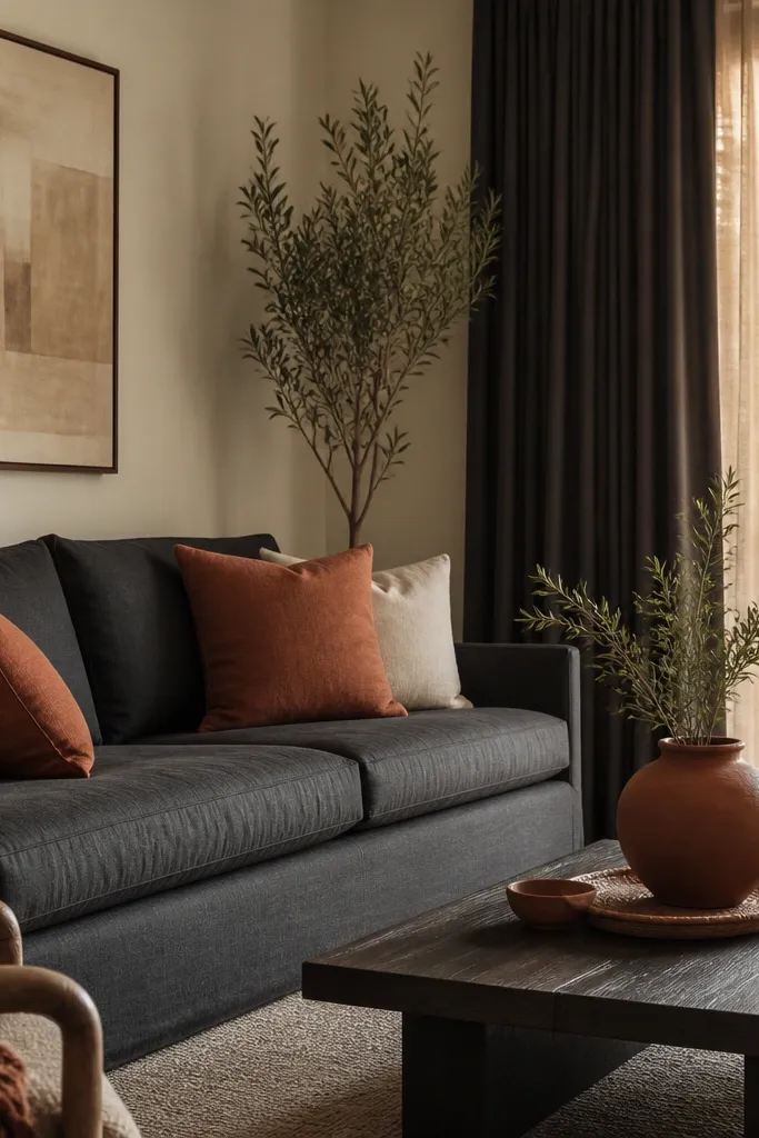 A charcoal linen sofa with terracotta and cream cushions. The coffee table is dark wood, and there's a terracotta ceramic vase on a tray. Curtains are dark grey with warm beige sheers.