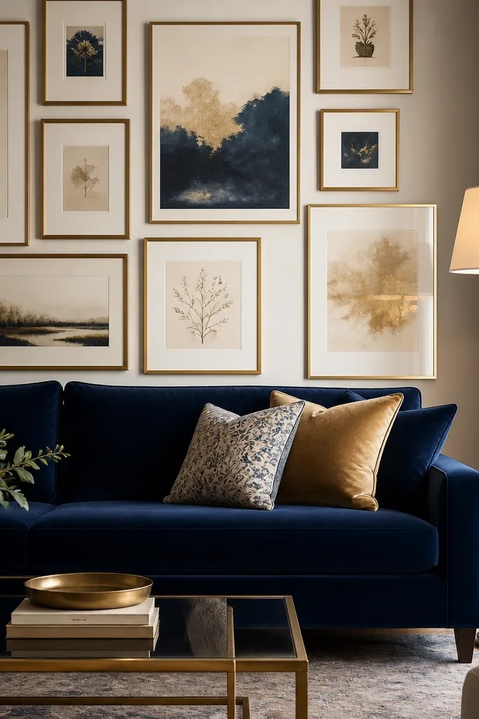 A navy velvet sofa with a brass framed gallery wall behind it. The art prints are mostly cream and muted gold with dark navy accents. A warm floor lamp stands beside the sofa.