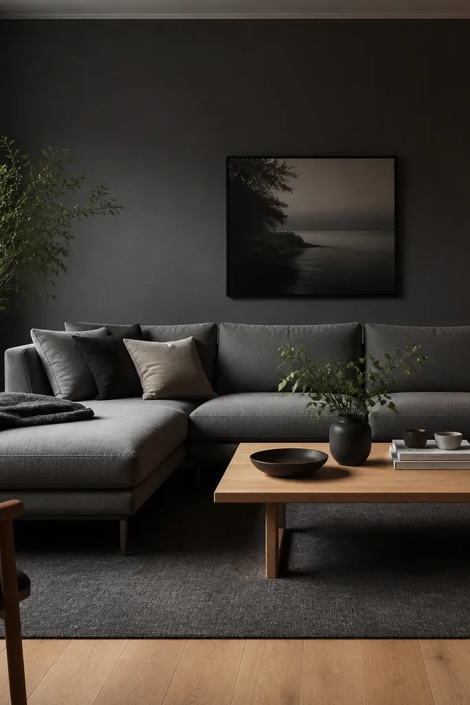 A dark grey living room with a light wood floor. A large dark rug anchors the space, and the sofa is mid-grey. There's a pale oak coffee table and a warm lamp with a cream shade.