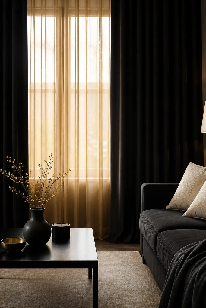 Floor-to-ceiling black curtains with a sheer gold-toned panel behind them. A black coffee table sits under a window, and a warm lamp glows beside a dark sofa. Cushions are cream with subtle gold thread.