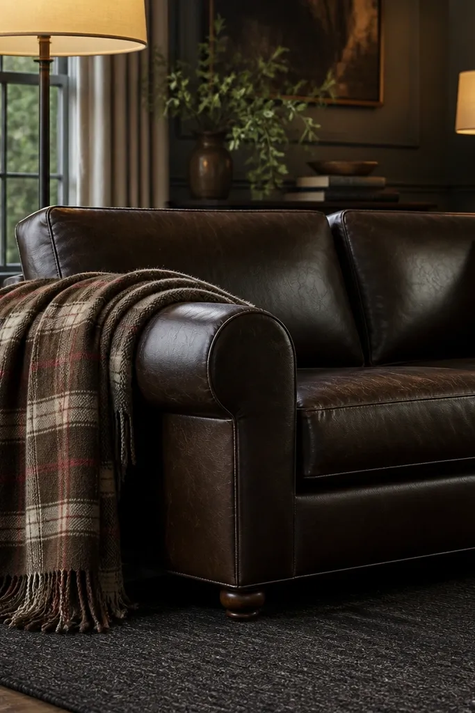 A dark brown leather sofa with a plaid wool throw draped over the arm. The throw has muted red and cream lines on a brown base. There's a dark wool rug and two floor lamps with warm shades.