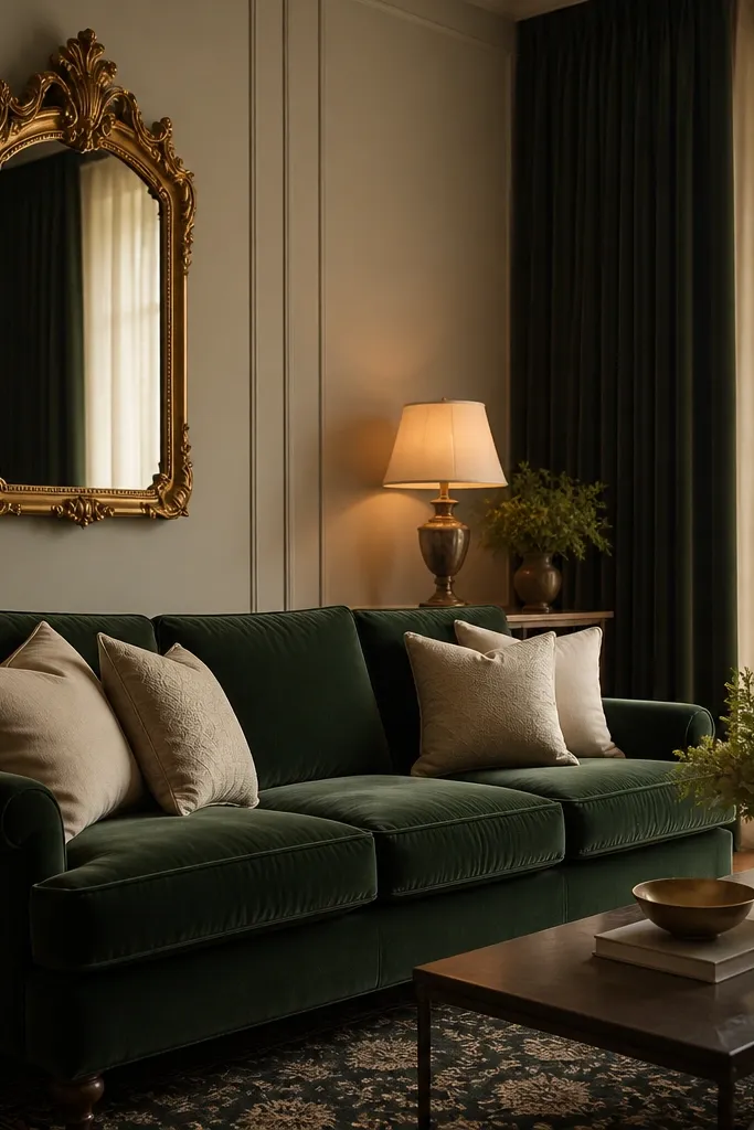 A deep green velvet sofa with cream cushions. An antique gold ornate mirror hangs on the wall, and a warm table lamp sits beneath it. The rug is dark with a subtle pattern, and the curtains are dark green with beige sheers.