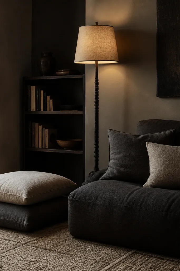 A dark cozy corner with a small dark sofa and stacked floor cushions. The cushions are in charcoal and oatmeal, with a large textured rug underneath. A tall lamp with a warm shade stands next to a small book shelf.