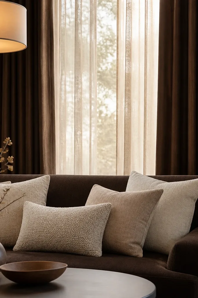 Curtains in deep brown with oat-colored sheers layered behind. A dark sofa sits below a window, and a warm pendant or ceiling lamp is on. The cushions are cream and warm beige with a subtle texture.