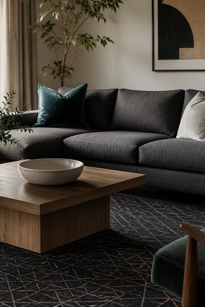 A living room with a dark patterned rug featuring subtle geometric lines. The sofa is a solid dark grey, and there are velvet cushions in deep teal and cream. A simple wood coffee table holds a ceramic bowl.