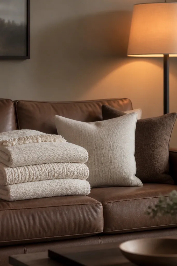 A mocha leather sofa with a stack of warm white knitted throws folded on the seat. There are pillows in light oatmeal and dark brown. A floor lamp with a warm shade glows near the sofa.