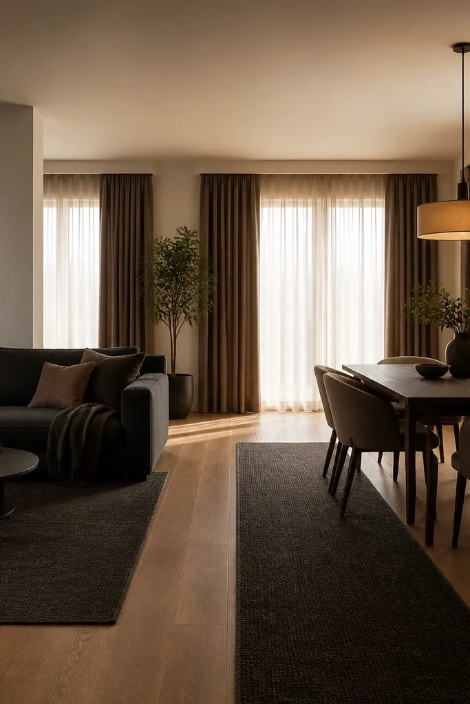 A connected living and dining area. The living room has a dark sofa and a dark rug, while a matching dark runner leads from the dining table. Curtains are deep taupe with warm sheers, and there's a warm pendant light.