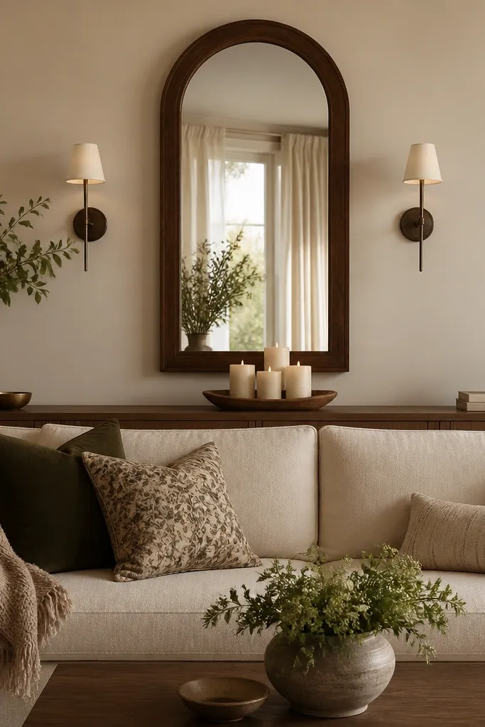 A warm living room with a sofa facing camera. Behind it, a low console runs across the wall. A tall arched mirror with a dark wood frame hangs centered above the console, reflecting light. Two small matching sconces sit on either side of the mirror, and a tray with candles rests on the console.