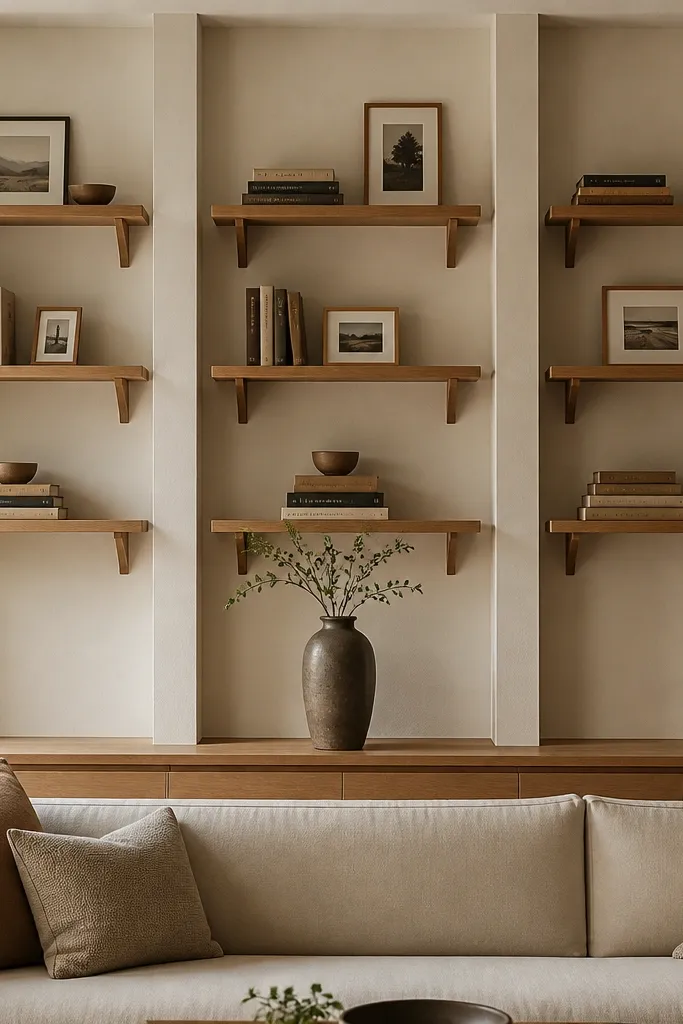 A sofa back wall with a custom look: three vertical wall shelves like a bookcase. The shelves are warm oak with simple brackets. Small framed photos and stacked books sit on each shelf. A long low wood runner board runs along the bottom edge of the wall, with a single tall vase centered.