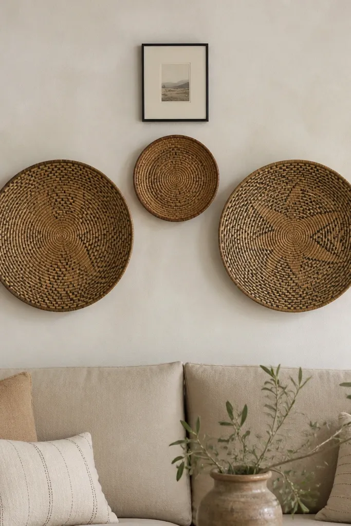 A sofa back wall painted in a soft white limewash finish. Two large woven baskets hang on either side of center, with a third smaller basket above. The sofa is light beige. Above the baskets, there's a single small framed print with thin black frame.