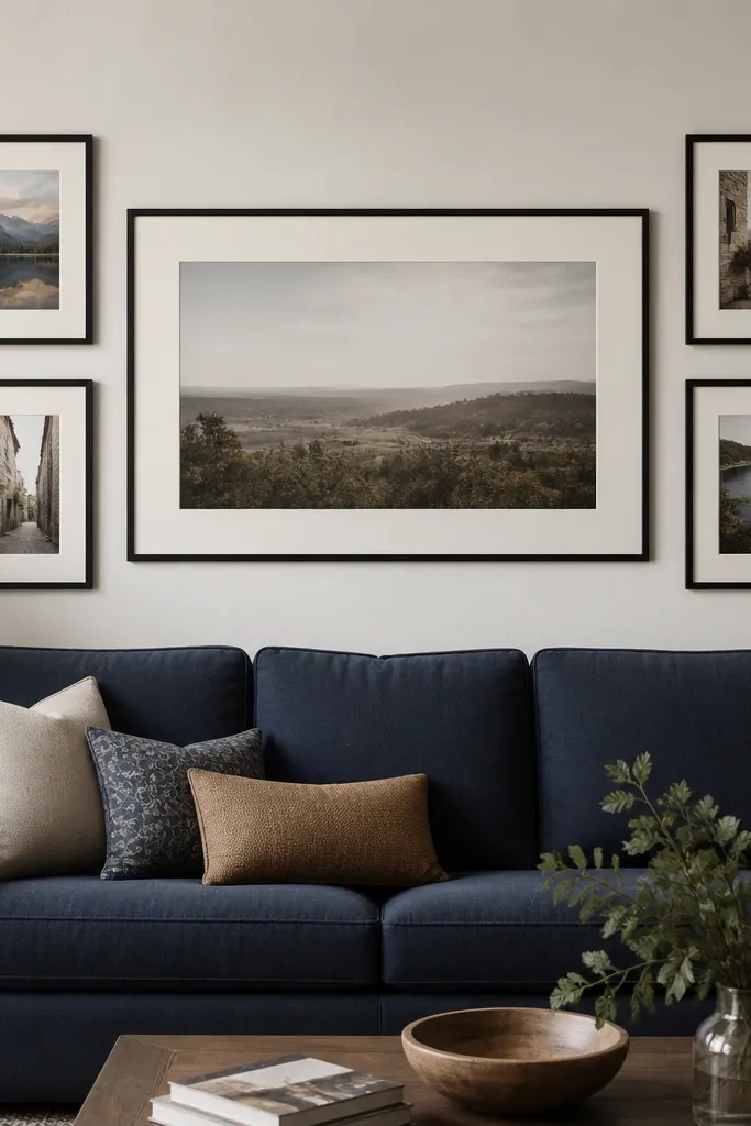 A sofa back wall with a neat gallery grid. There are five frames: one oversized horizontal piece in the center and four smaller vertical frames around it. Frames are in matte black, with off-white mats. The sofa is a deep blue, and the wall is warm white.