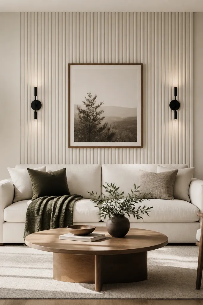 A partial accent wall behind the sofa with vertical fluted panels in warm white. The panels stop just wider than the sofa, and the rest of the wall is plain paint. A small black wall sconce sits on each side of a centered framed print.