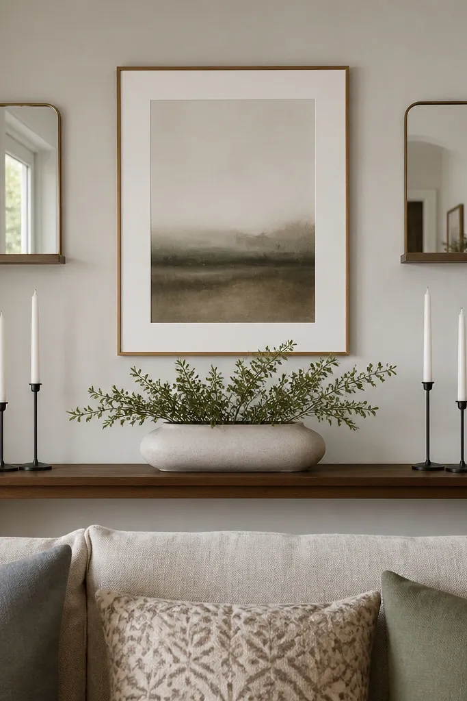 A narrow console table behind a sofa. Only one long vase is centered with a tall candle arrangement on each side. Above, a simple framed artwork sits centered, with two small mirrors or picture ledges flanking it.