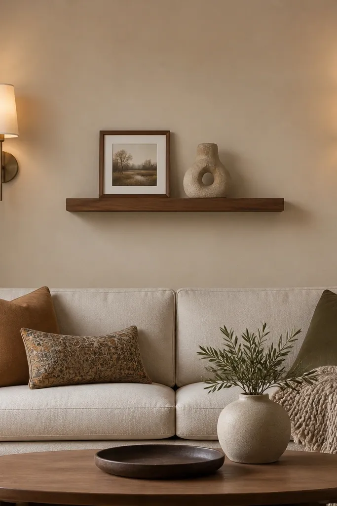 A warm living room with a sofa. Two matching wall sconces sit symmetrically on either side of the wall center. In the middle is a floating shelf holding a small framed photo and a ceramic sculpture. The wall is a soft beige.