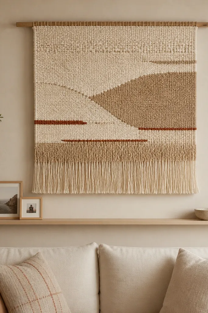 A large woven wall hanging hangs centered above a sofa. Colors are cream and sand with subtle terracotta threads. Below it, a skinny picture ledge holds two small framed photos and a small bowl.