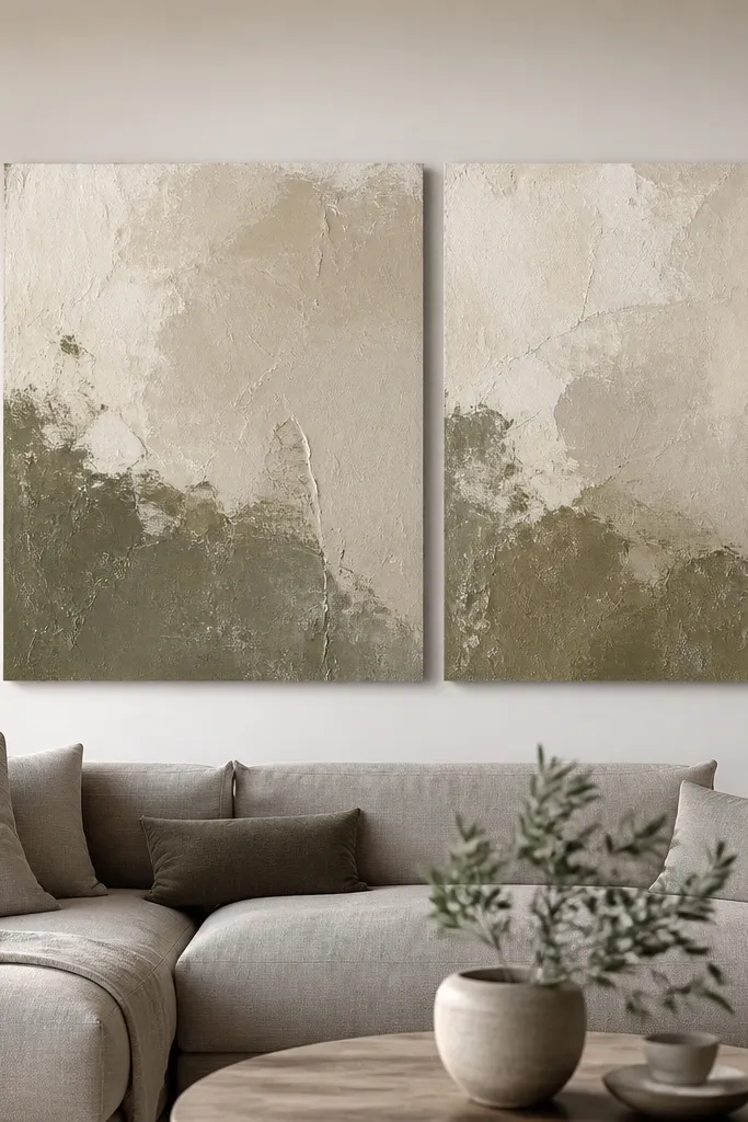 A sofa back wall with two large square-ish canvases side by side like a diptych. The canvases have thick paint texture in beige, oat, and muted olive. The sofa is a light gray, and the wall is warm white.