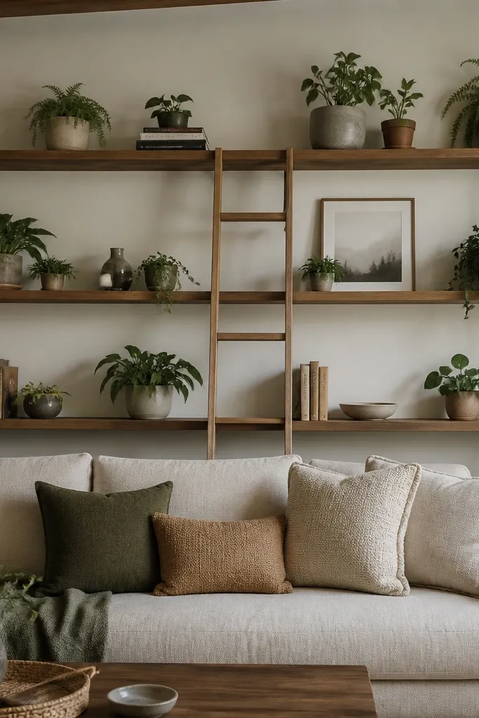 A long wall-mounted shelf system behind a sofa. The shelf has three horizontal tiers, with a small step ladder shape built into the decor. Potted plants sit on the tiers, with a few books and a small framed print.