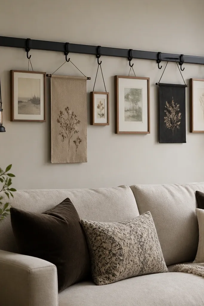 A matte black peg rail installed behind a sofa. Several hooks hold small framed prints and a couple of fabric wall pieces. Two small lantern-style lamps hang from adjustable hooks on either side.
