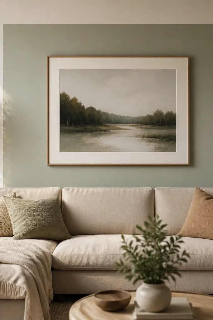 A sofa back wall with a rectangular painted panel in soft sage. In the center of the sage rectangle, there is one large framed print with a cream mat. The rest of the wall is warm white. The sofa is oatmeal beige.